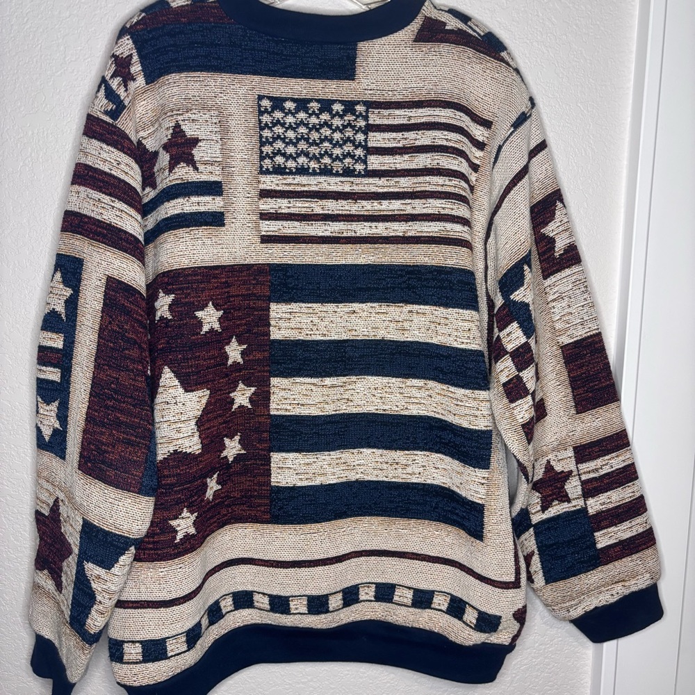 Vintage Sugar Street Weavers Americana Flag Crewneck Sweater - Navy and Cream - Picture 6 of 10